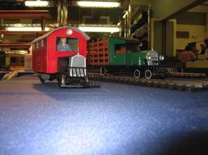 My motorcar compared to the Railtruck. (East Coast Large Scale Train Show, March 28, in York, PA)